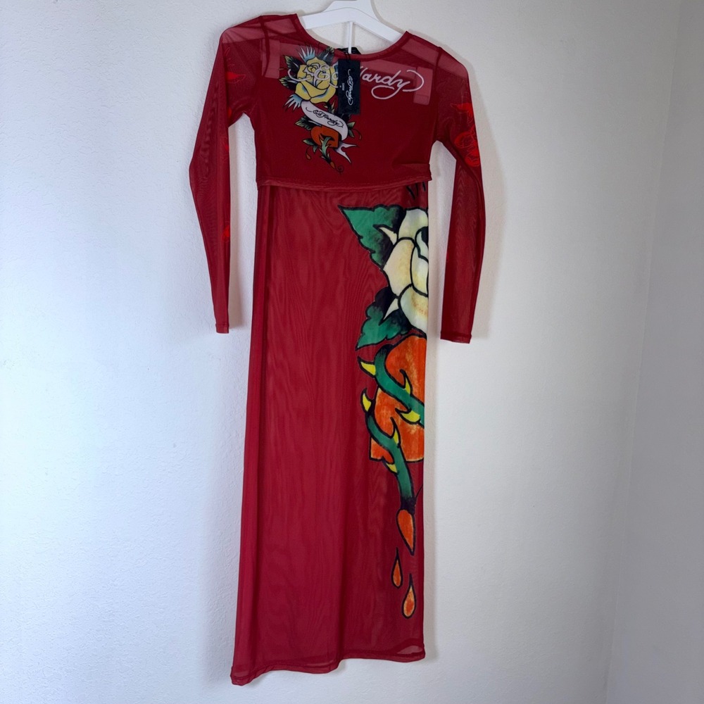 Ed Hardy Mesh 2-Piece Set M Red NEW Tattoo Rose Rhinestone Crop Top Maxi Skirt